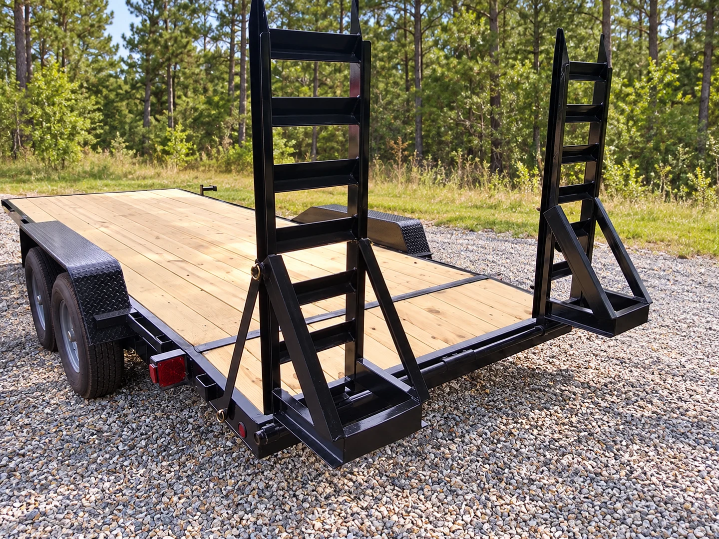 20-foot black car hauler with a wood deck, tandem wheels, and upright loading ramps