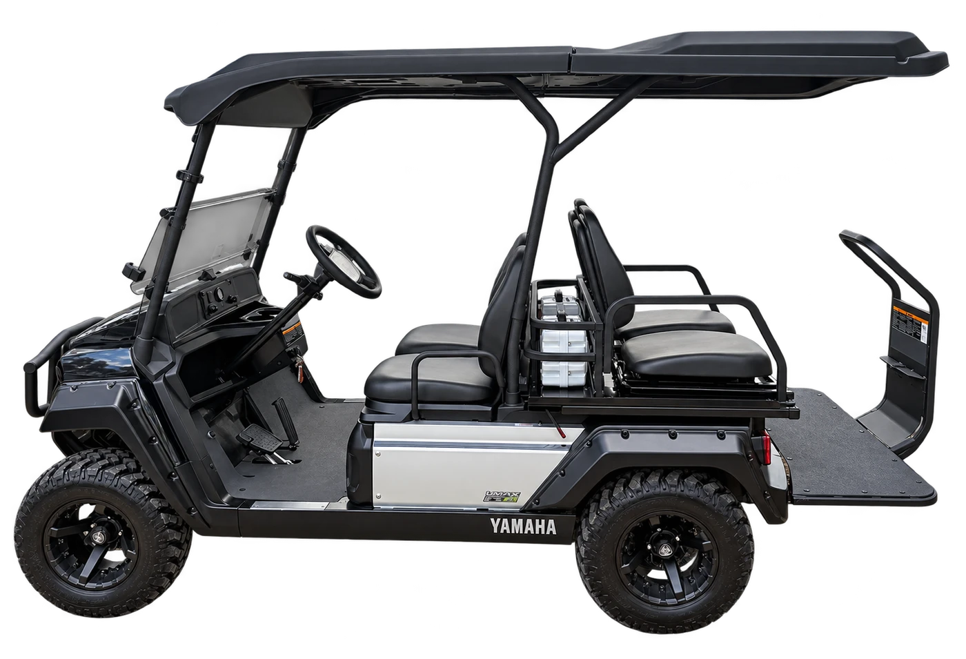 Silver and black Yamaha UMAX golf cart with front and rear seating